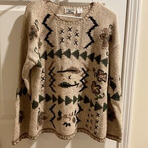 AND Beige Sweater with Floral and Geometric Patterns